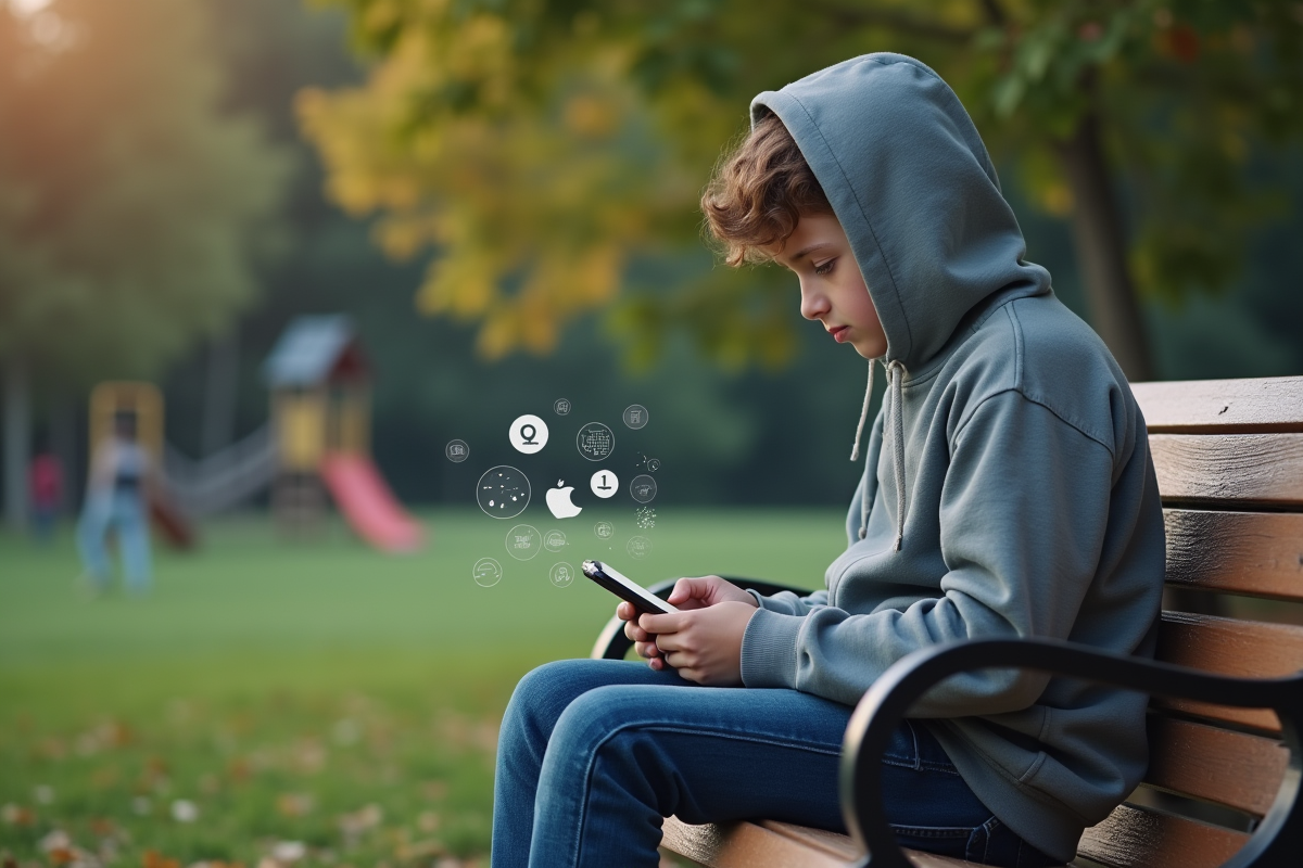 Adolescent assis sur un banc de parc regardant son smartphone