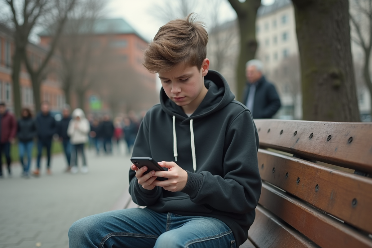 Adolescent inquiet assis sur un banc dans un parc urbain