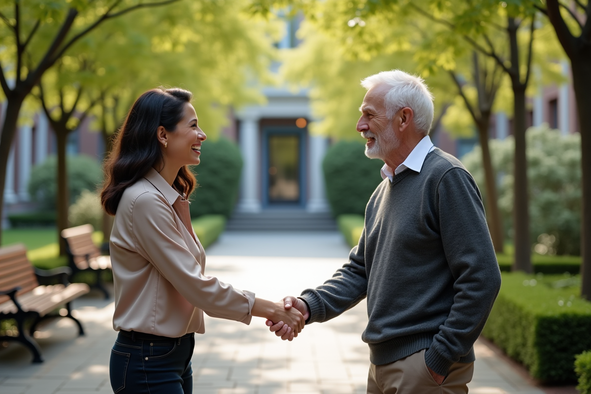Deux collègues se serrant la main dans une cour d