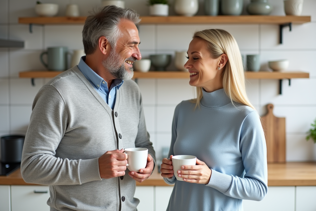 Couple préparant du thé dans une cuisine scandinave lumineuse