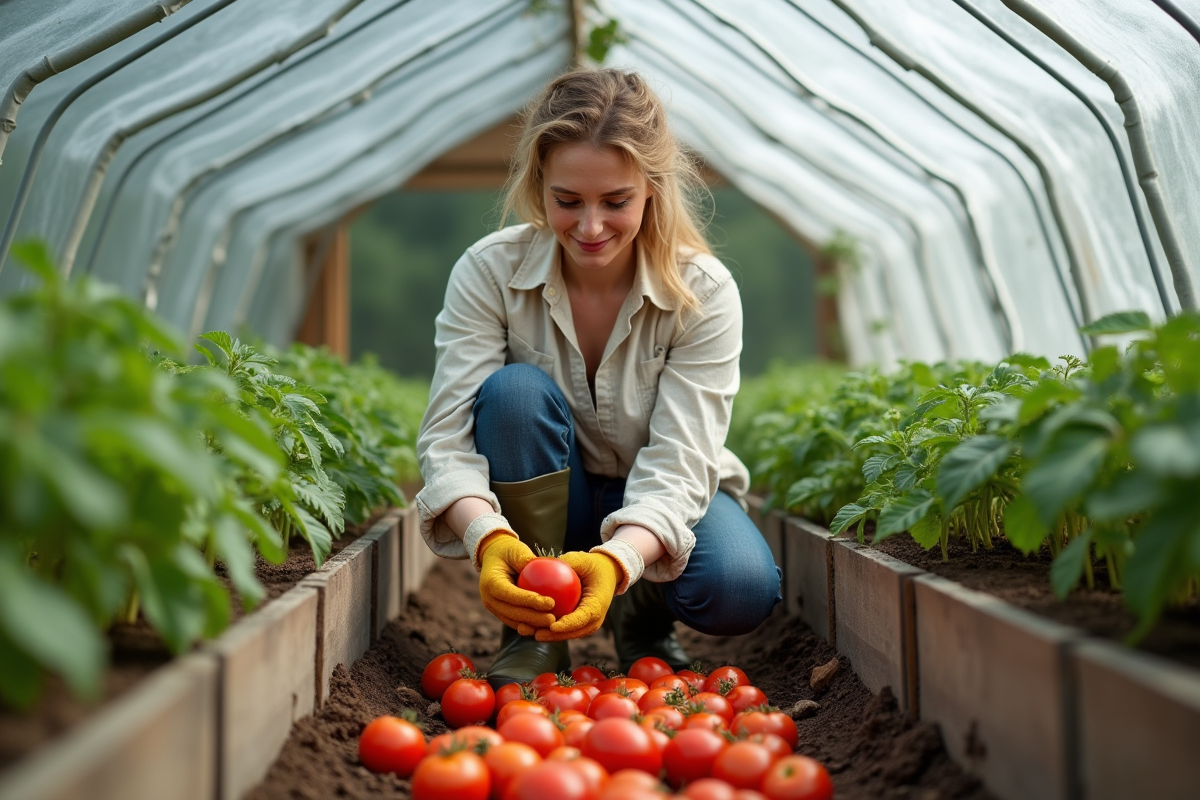 Jeune femme récoltant des tomates dans une serre