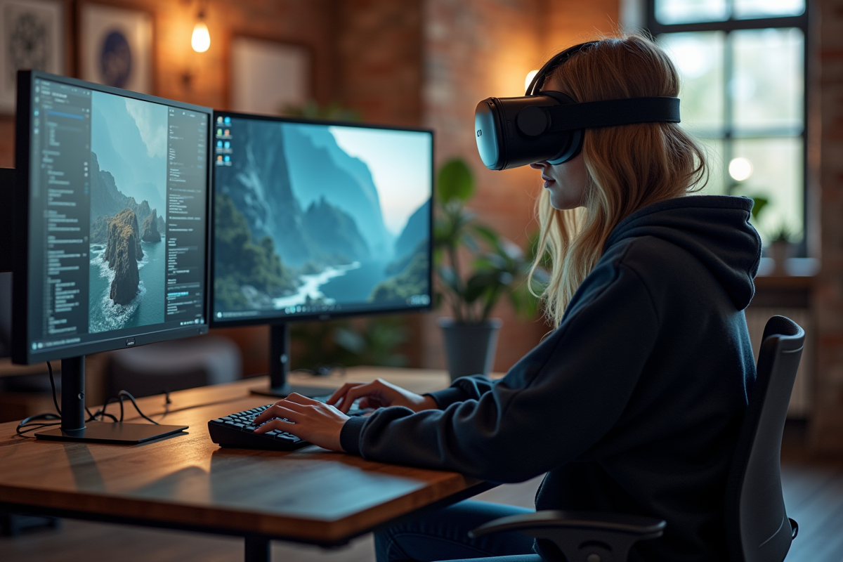 Jeune femme développeuse travaillant sur ordinateur dans un bureau moderne