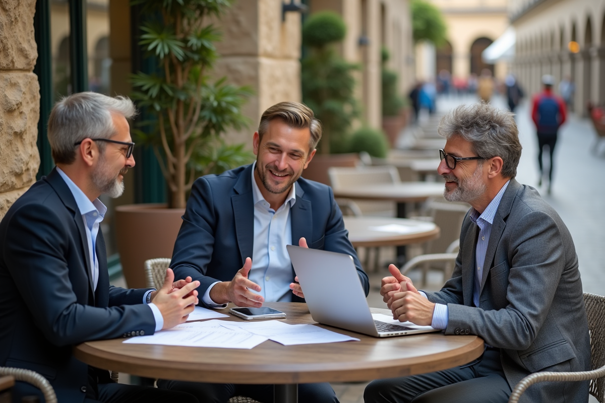 Groupe d entrepreneurs discutant autour d un café en extérieur
