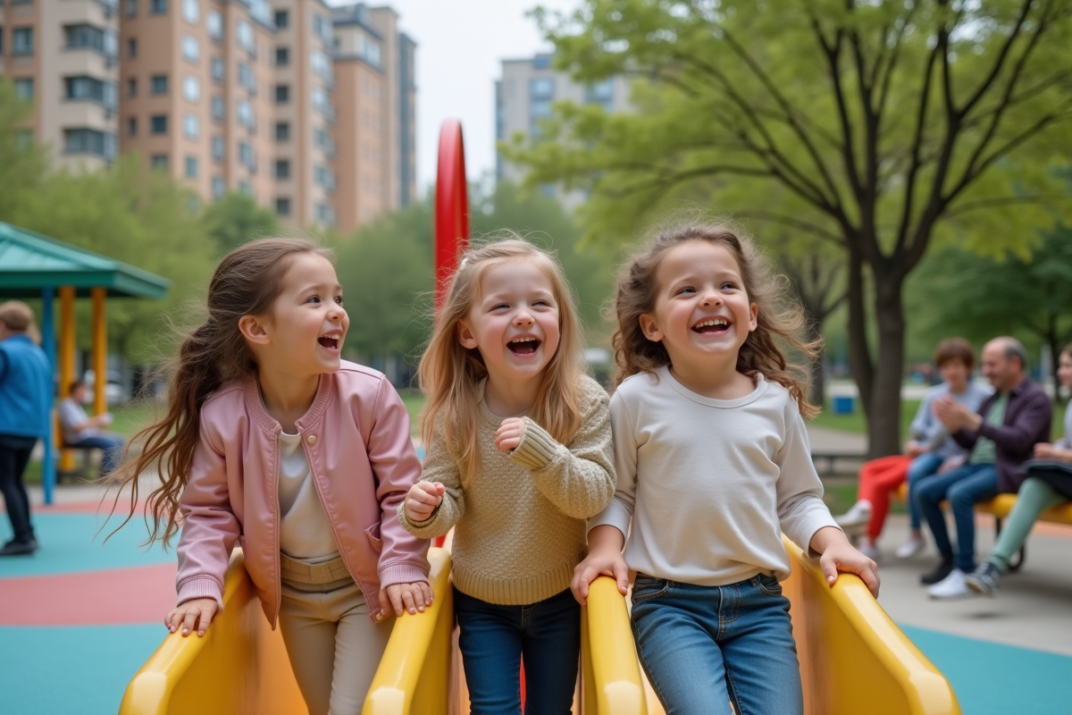 Enfants jouant dans une aire de jeux colorée en ville