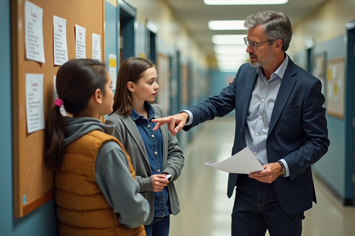 Professeur expliquant une leçon à deux élèves dans le couloir