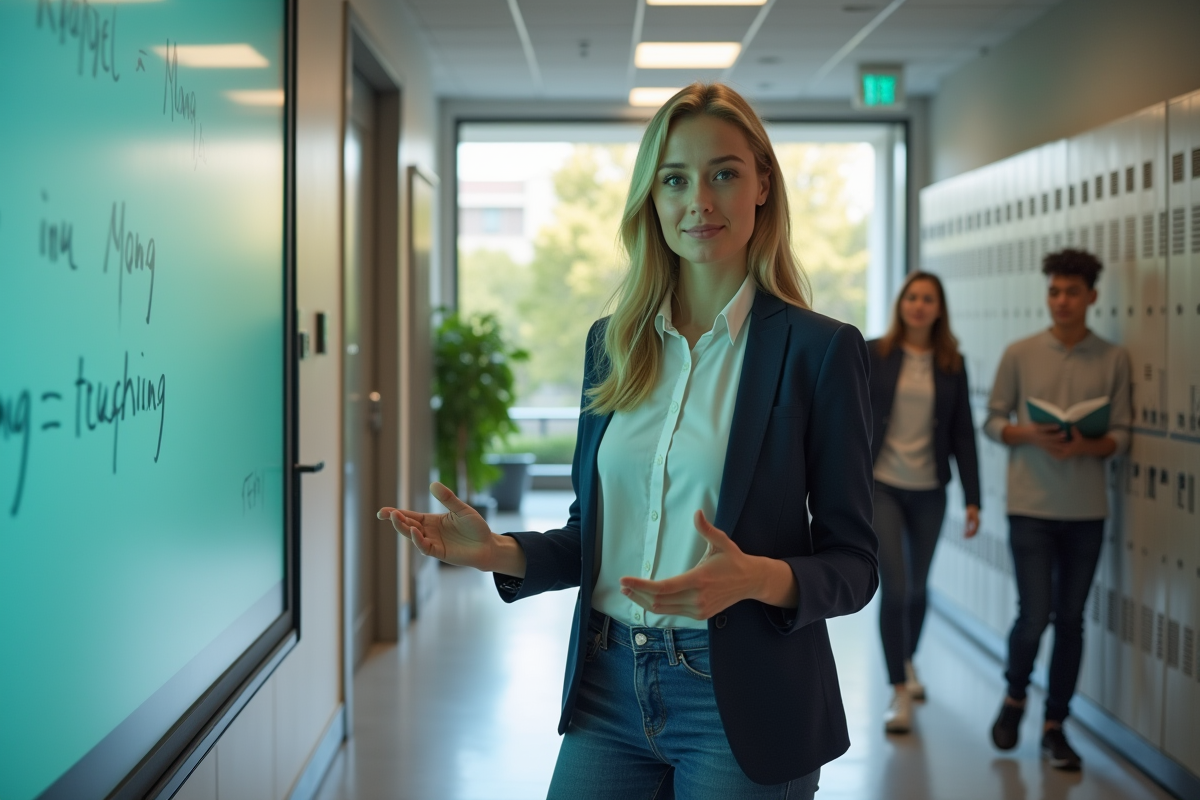 Professeure devant un tableau interactif dans le couloir