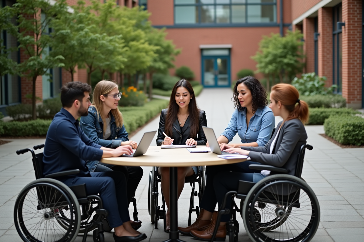 Equipe multiethnique en fauteuil dans cour accessible