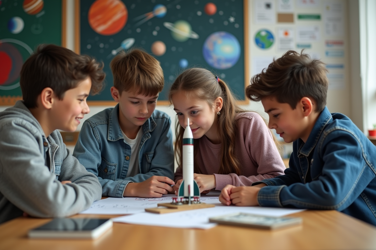 Jeunes étudiants construisant une maquette de fusée