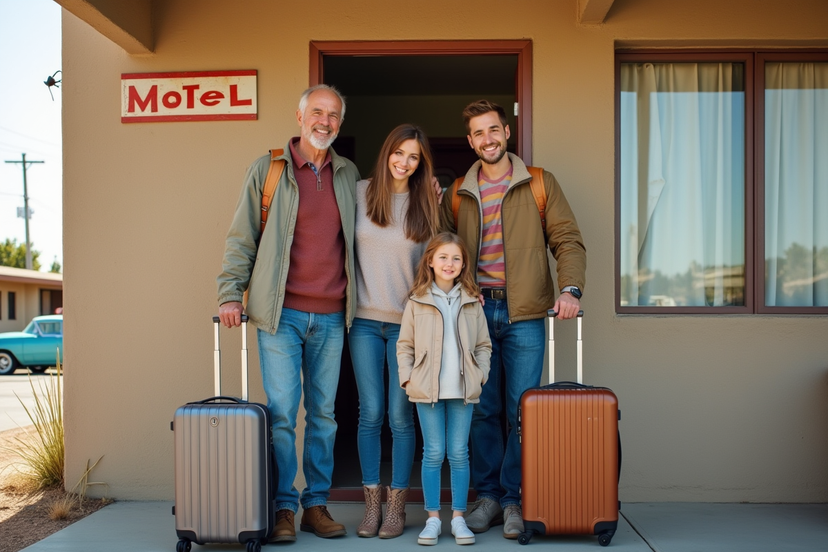 Famille voyageant devant un motel en Californie