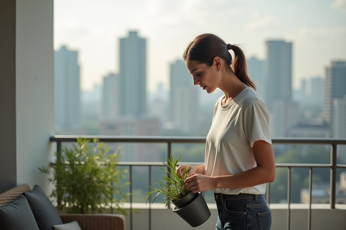 Jeune femme arrosant une plante sur un balcon urbain