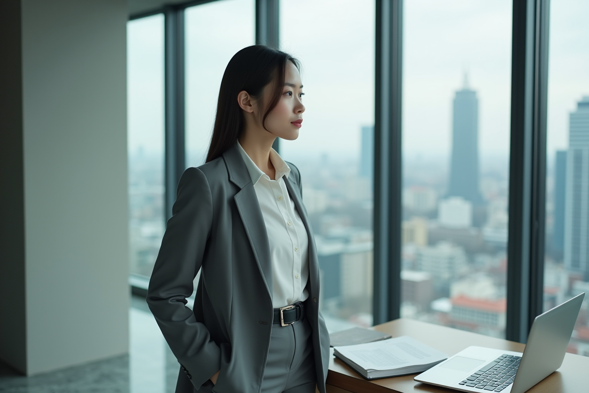 Jeune femme d affaires devant une grande fenetre sur la ville