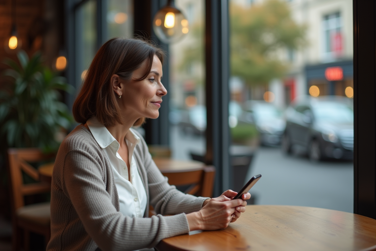 Femme d age moyen regardant par la fenetre au cafe