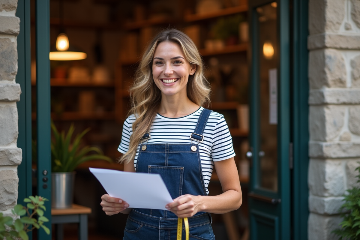 Jeune femme artisan tenant un certificat dans son atelier urbain
