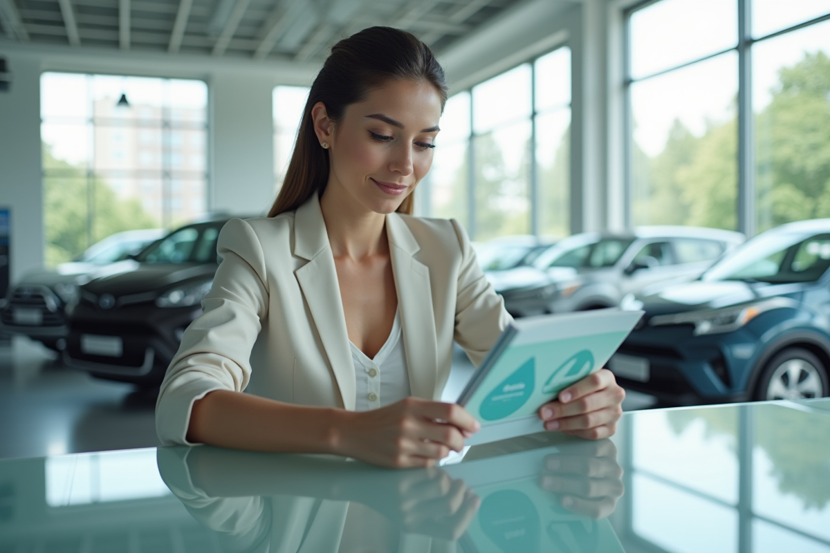 Jeune femme dans un showroom étudiant une brochure hybride