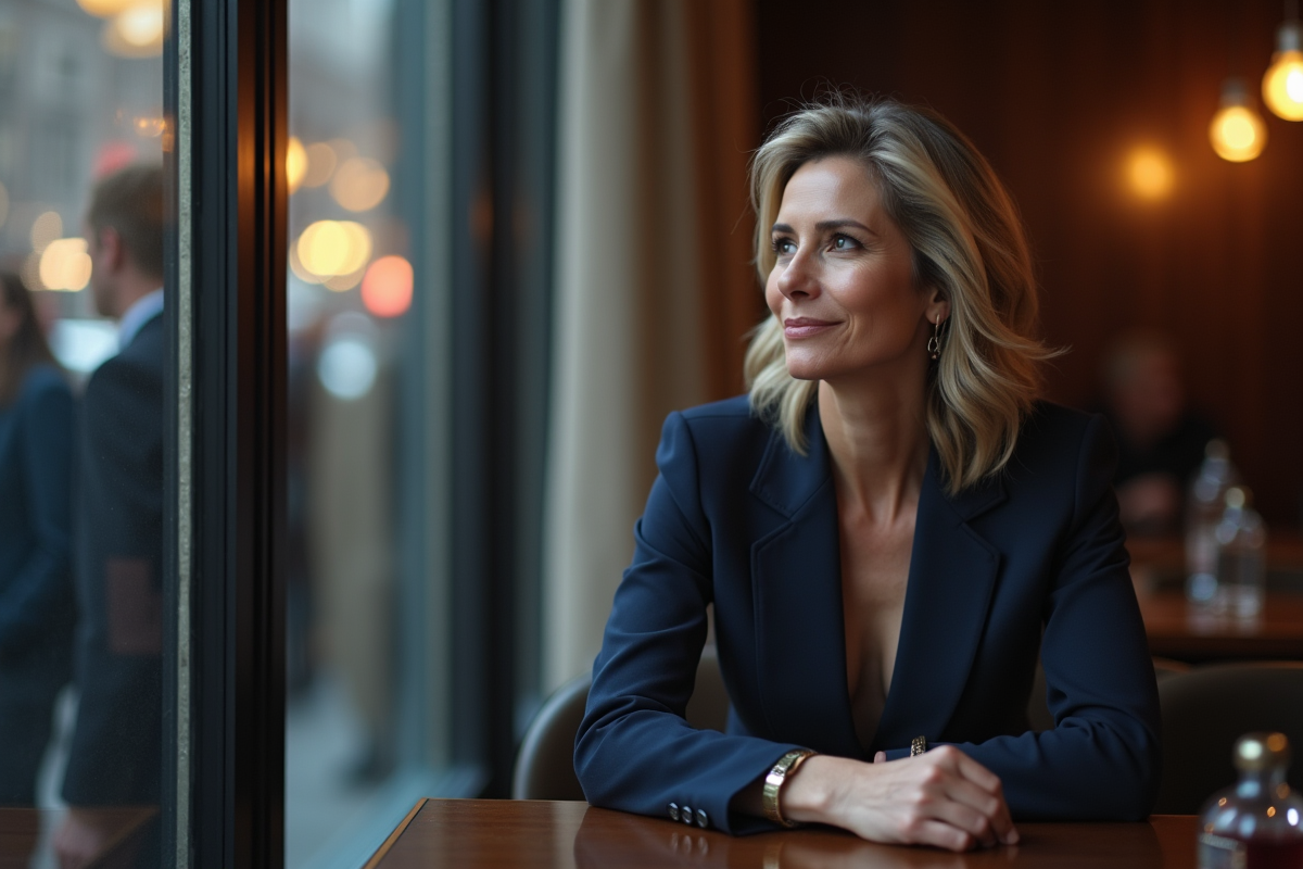 Femme élégante regardant par la fenêtre dans un restaurant