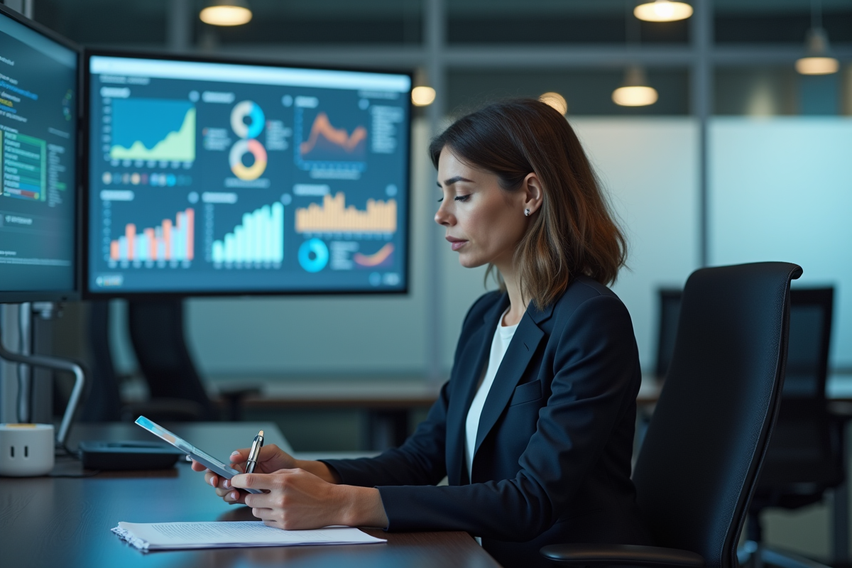 Femme concentrée utilisant une tablette dans un espace de travail moderne