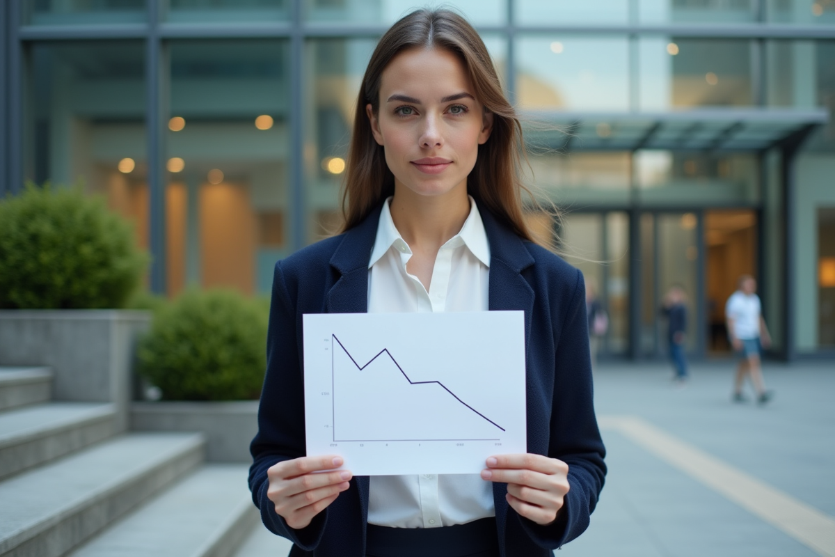 Jeune femme tenant un graphique en baisse devant un bâtiment moderne