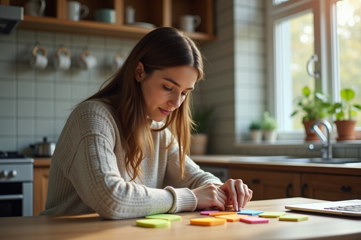 Jeune femme organise des notes colorées sur une table de cuisine