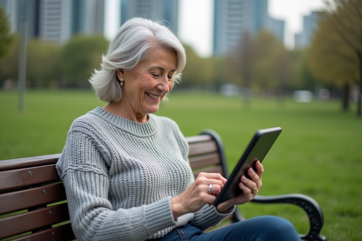 Femme confiante avec tablette dans un parc urbain