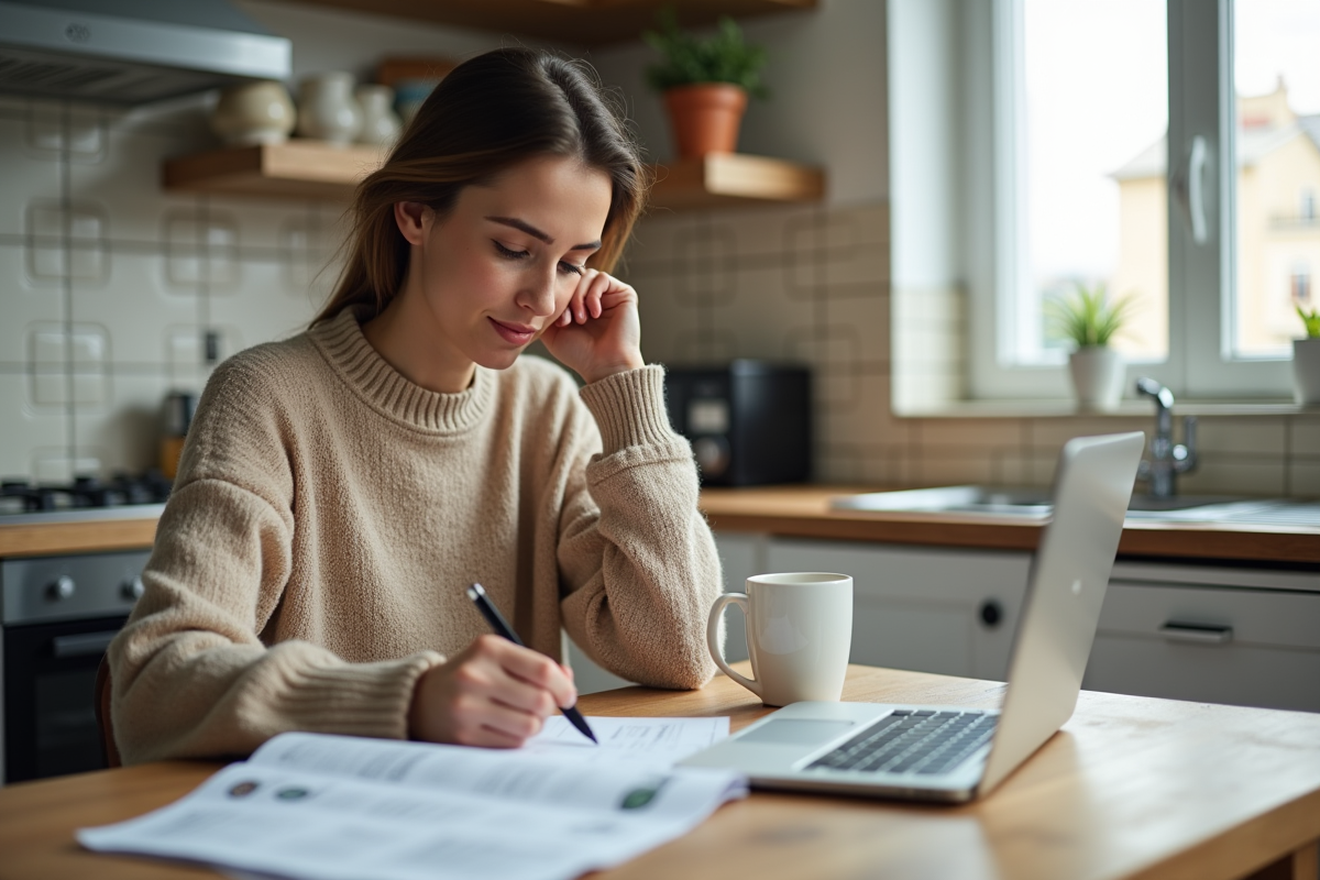 Jeune femme réfléchissant en regardant ses factures à la maison