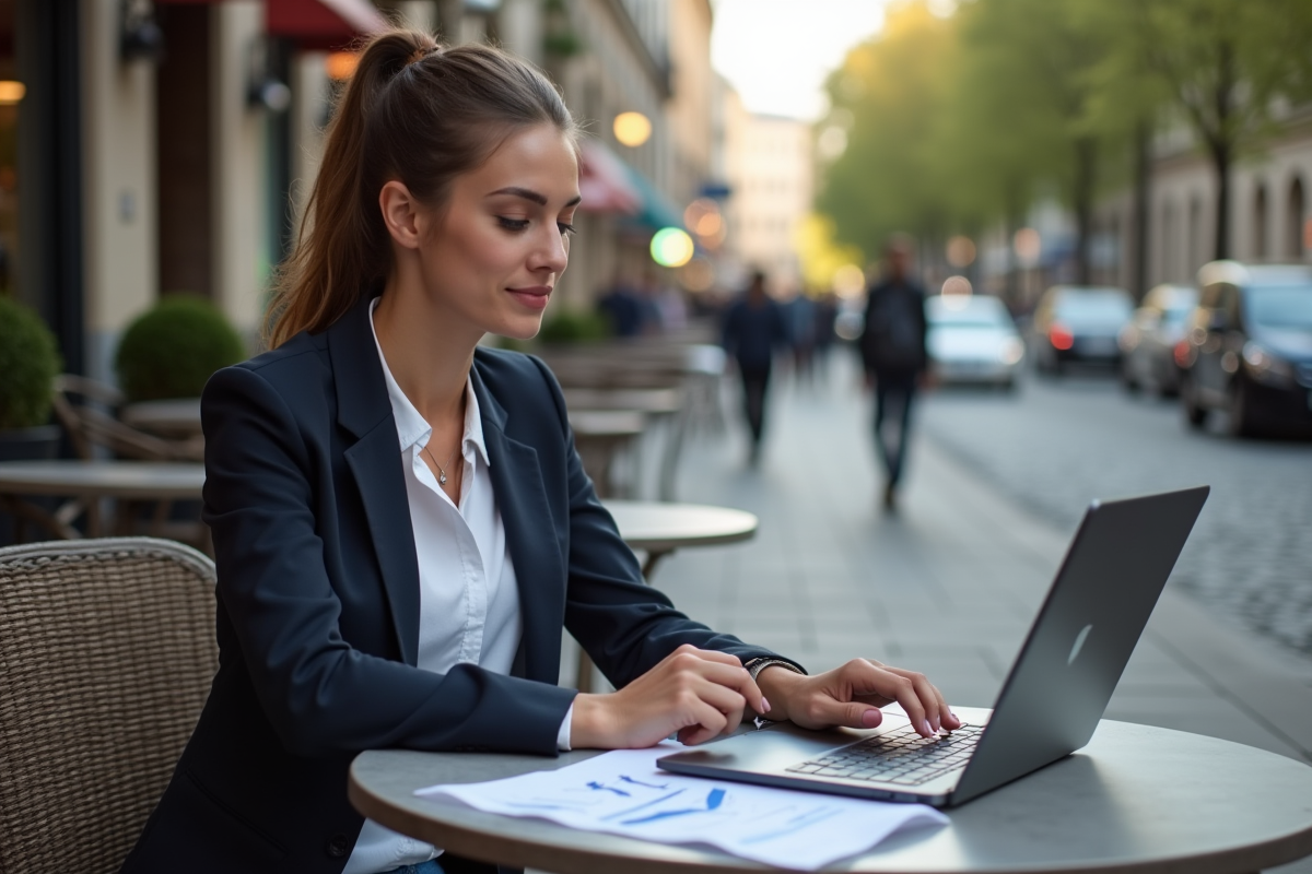 Jeune femme en extérieur analysant des graphiques d