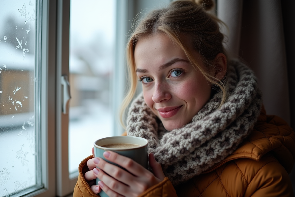 Jeune femme scandinave avec tasse chaude près d