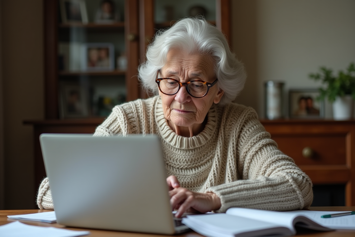 Femme agee concentrée sur un email à la maison