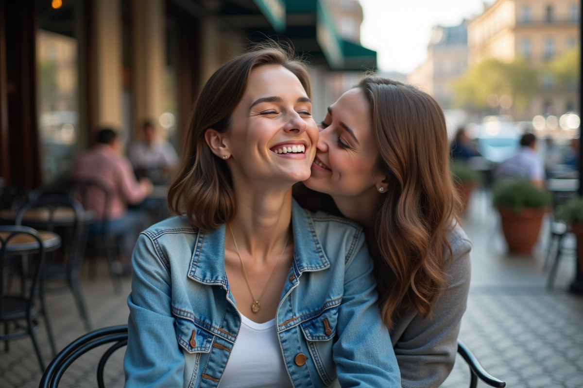Femme souriante dans un café en terrasse avec quelquun derrière