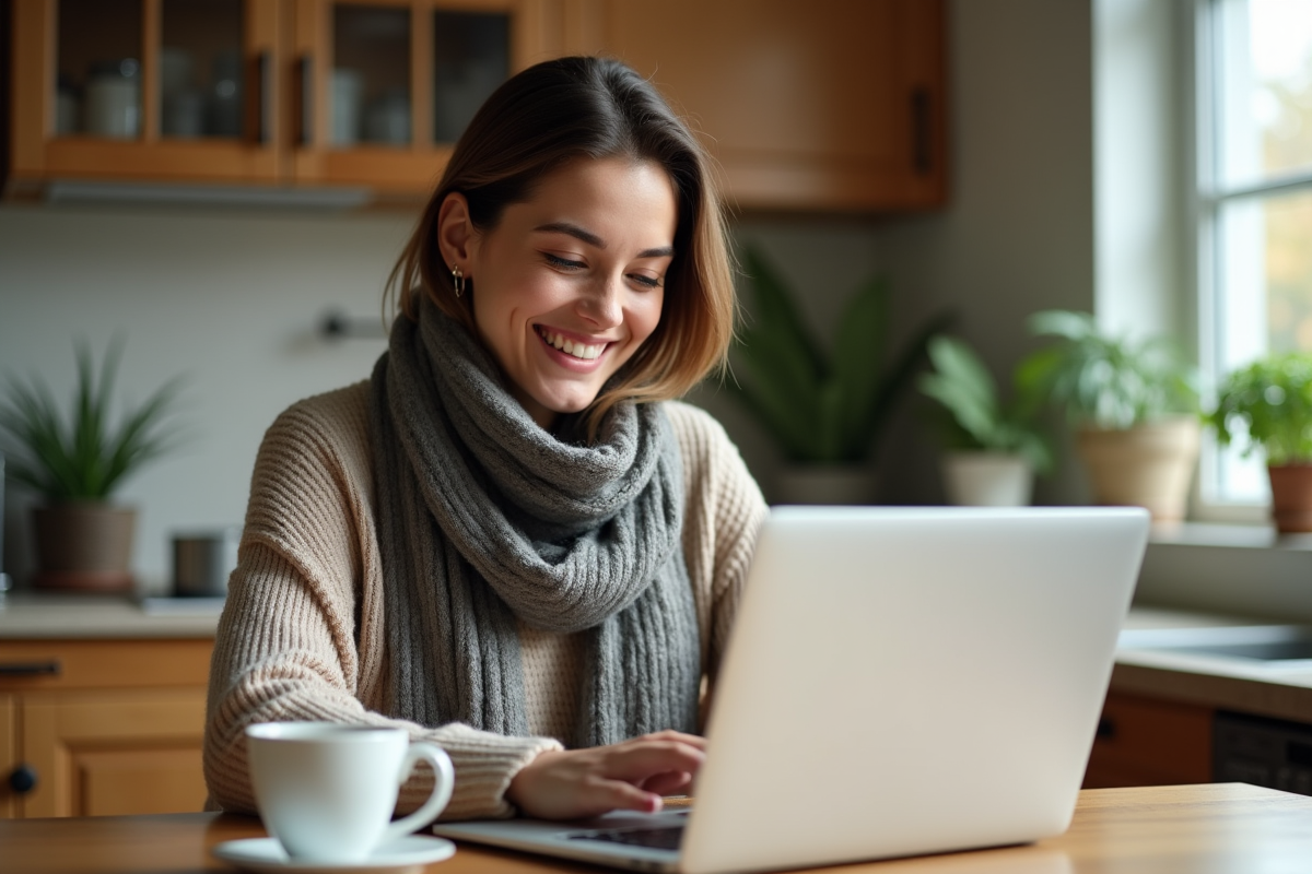 Jeune femme souriante lisant des actualités financières à la maison