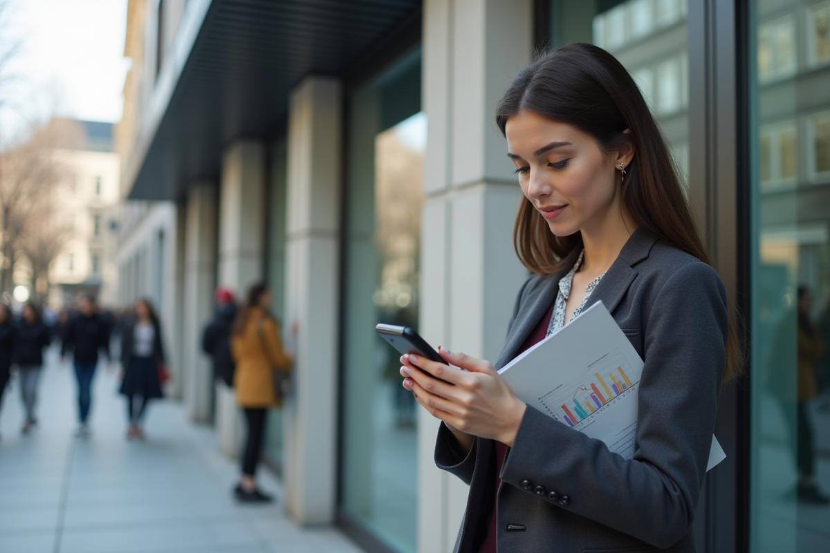 Jeune femme vérifiant son téléphone devant une banque