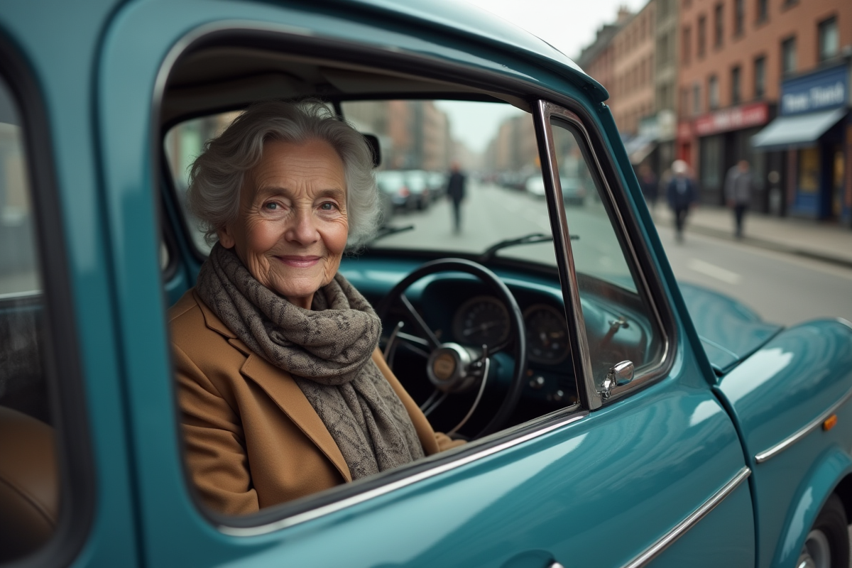 Femme âgée souriante dans une voiture vintage en ville