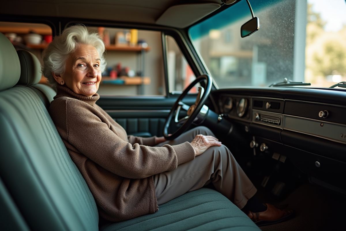 Femme âgée assise dans sa vieille voiture vintage dans un garage