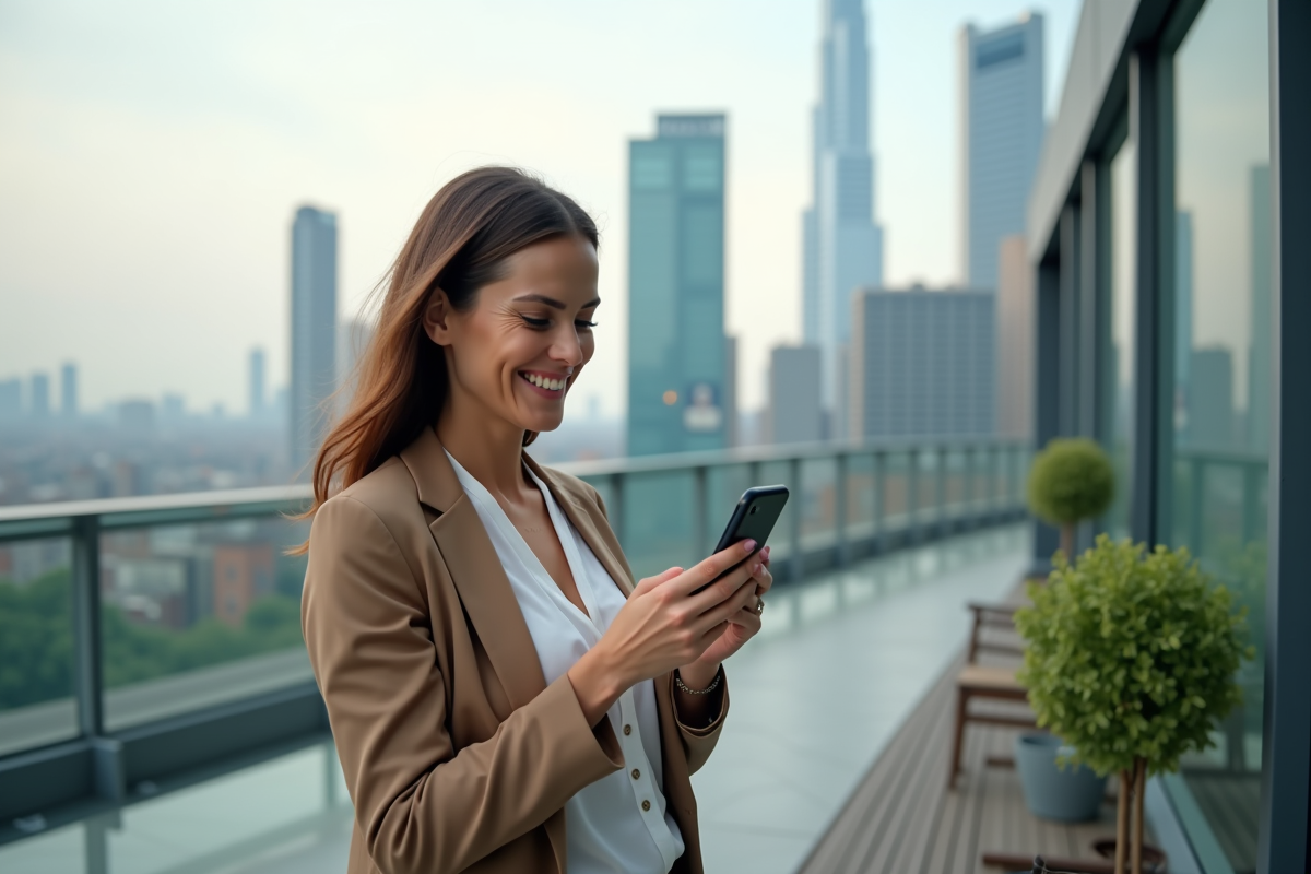 Femme souriante utilisant son smartphone en terrasse urbaine