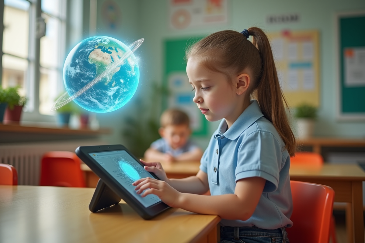 Jeune fille utilisant une tablette pour visualiser le système solaire