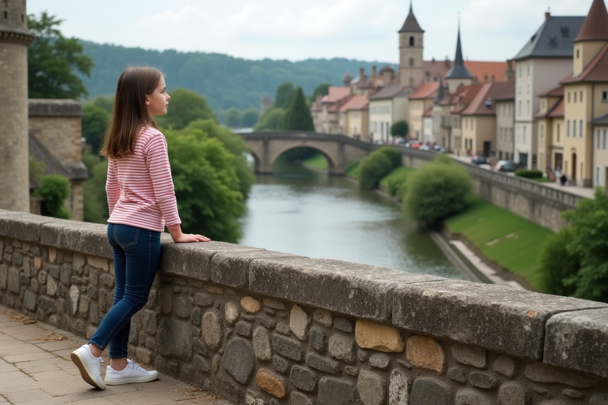 Fille regardant le paysage depuis un pont ancien en France
