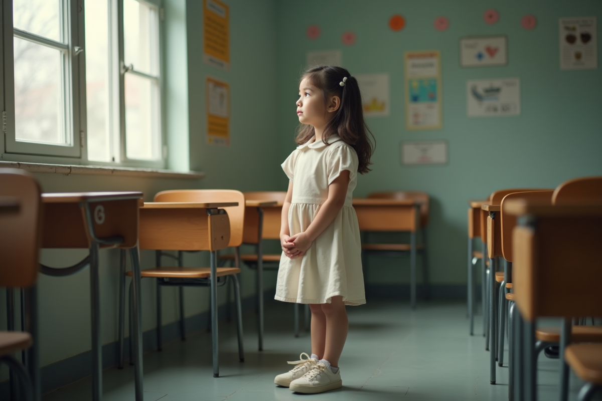 Fille de huit ans pensant près d