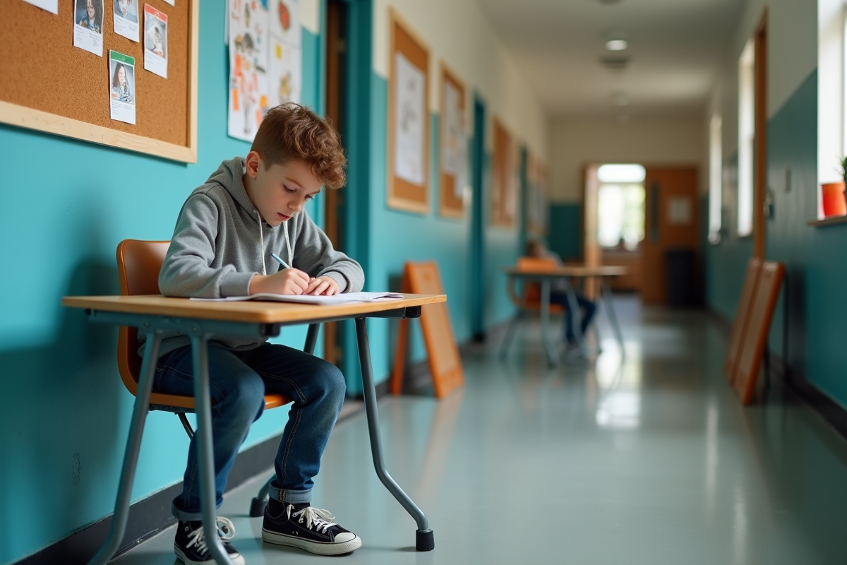 Jeune garçon dessinant dans un carnet dans le couloir