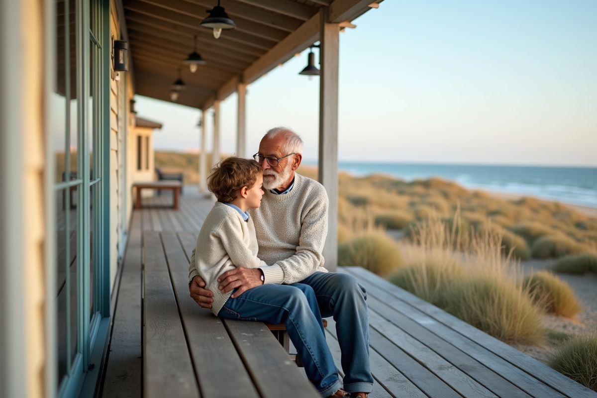 Grand-père et petit-enfant sur la veranda face à la mer