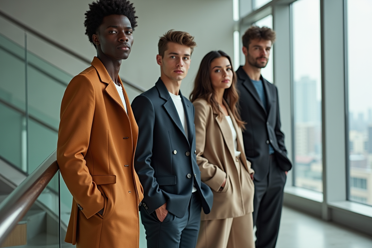 Groupe de jeunes adultes en tenues de mode dans un intérieur moderne