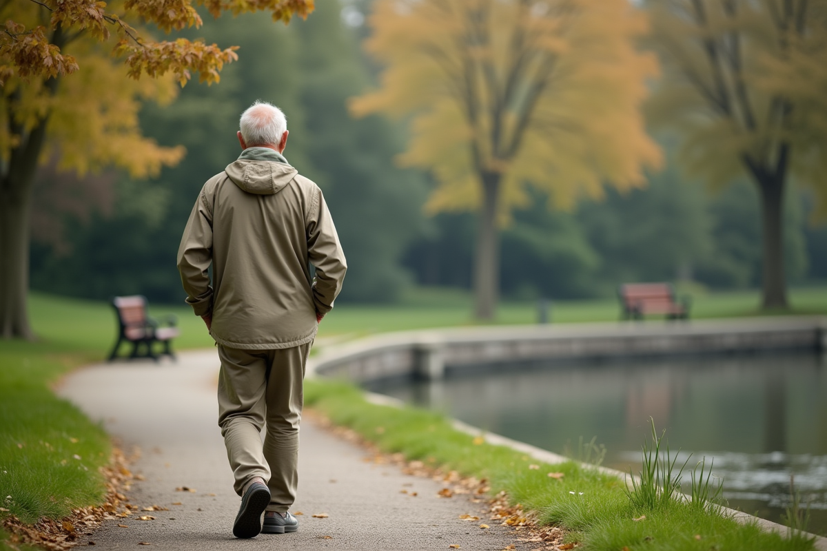 Homme âgé marchant dans un parc paisible