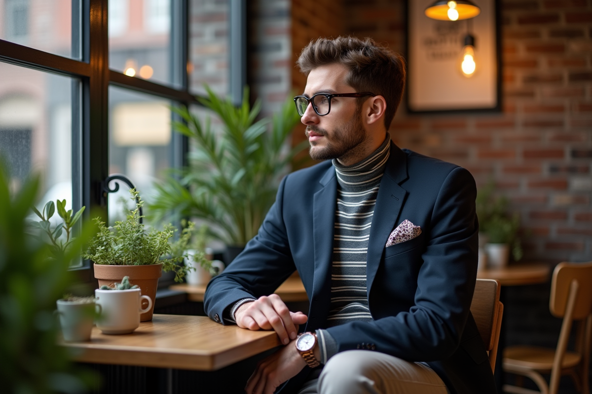 Homme assis dans un café avec veste et lunettes