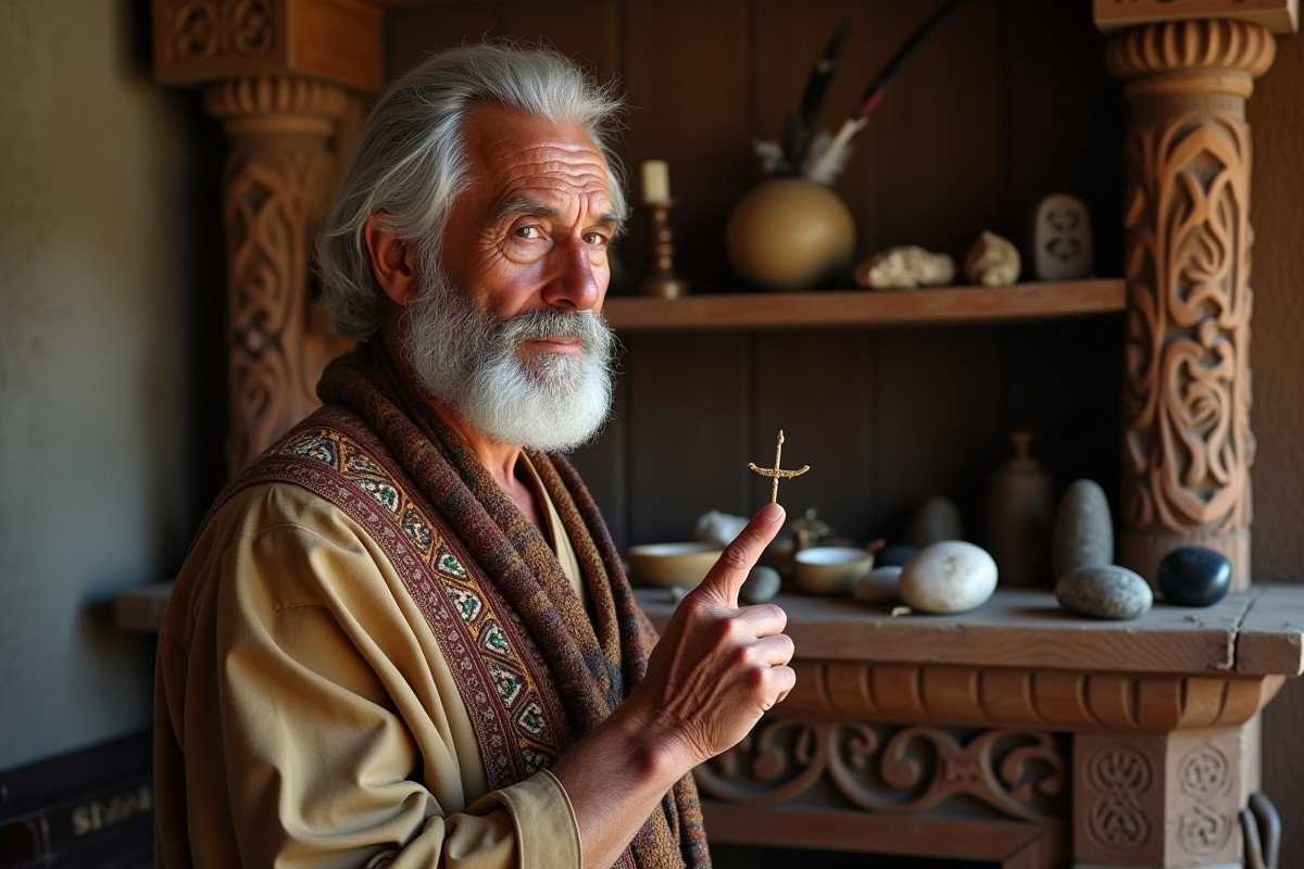 Homme âgé traçant un symbole dans une pièce avec objets cérémoniels