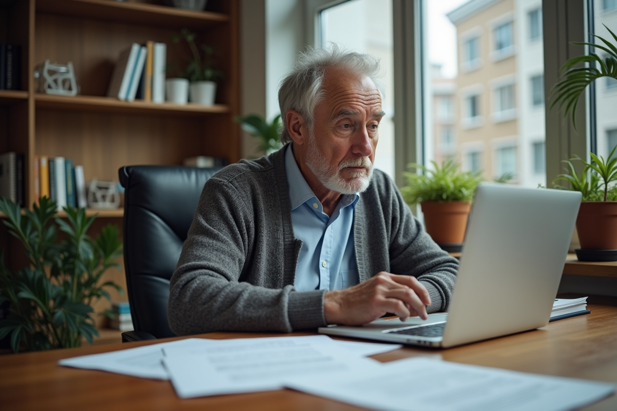 Homme d age en intérieur lit des contrats de location dans un bureau chaleureux