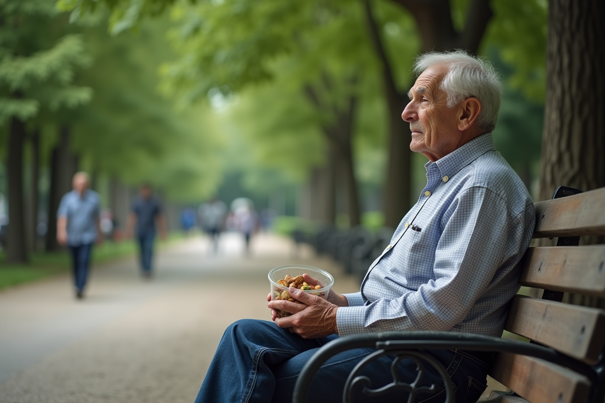 Homme âgé assis dans un parc avec noix et fruits