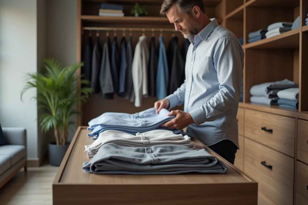 Homme pliant des chemises dans un dressing contemporain