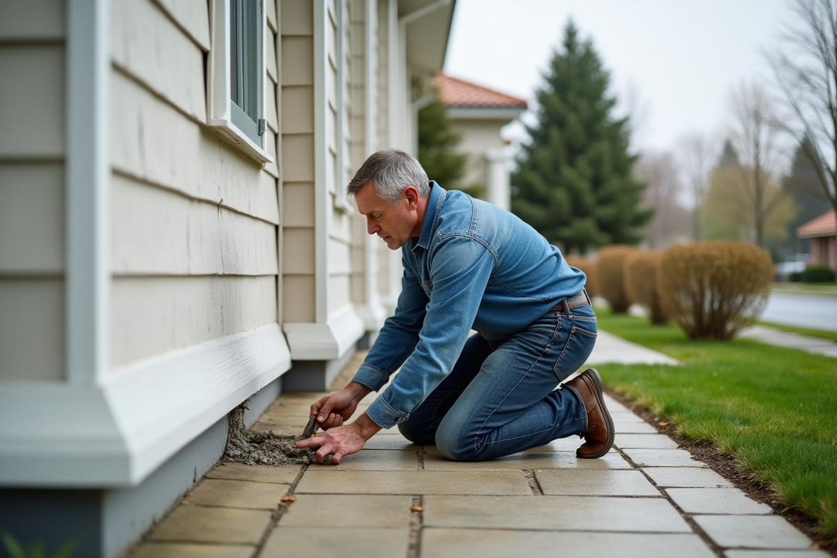 Homme réparant une façade de maison dans un quartier résidentiel