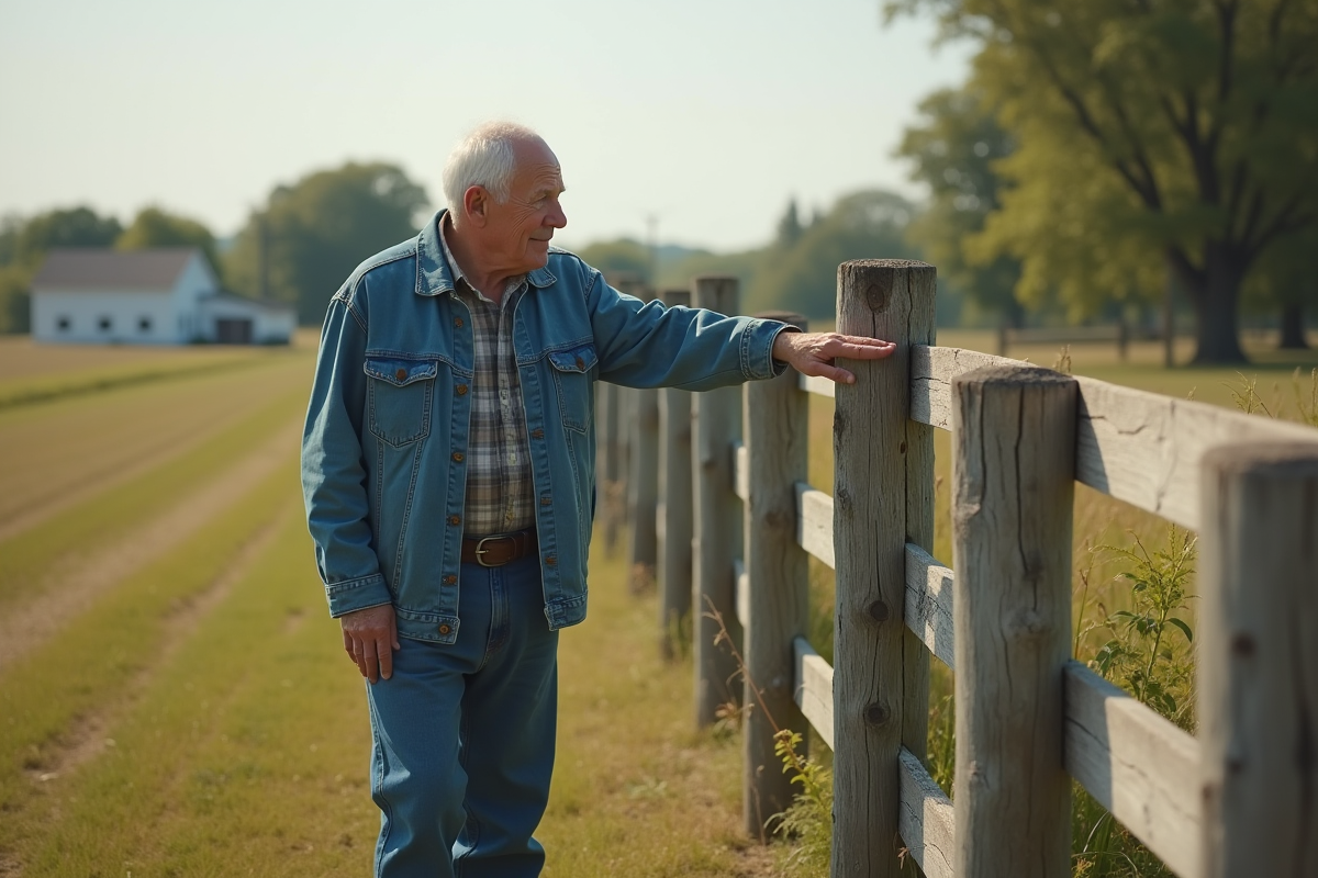 Homme âgé pointant un panneau de limite dans un champ
