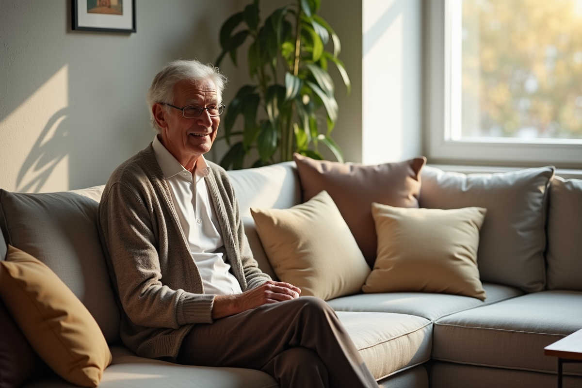 Homme âgé assis confortablement dans un salon lumineux