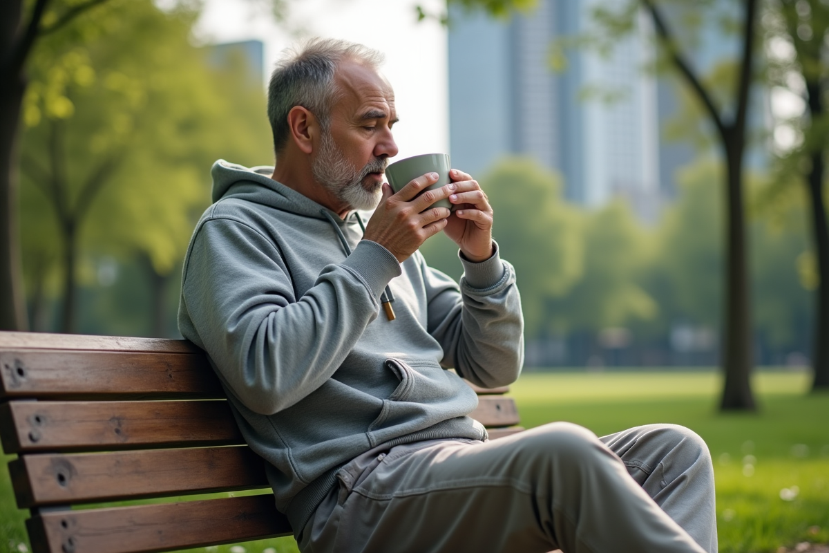 Homme méditant avec tasse de thé dans un parc urbain