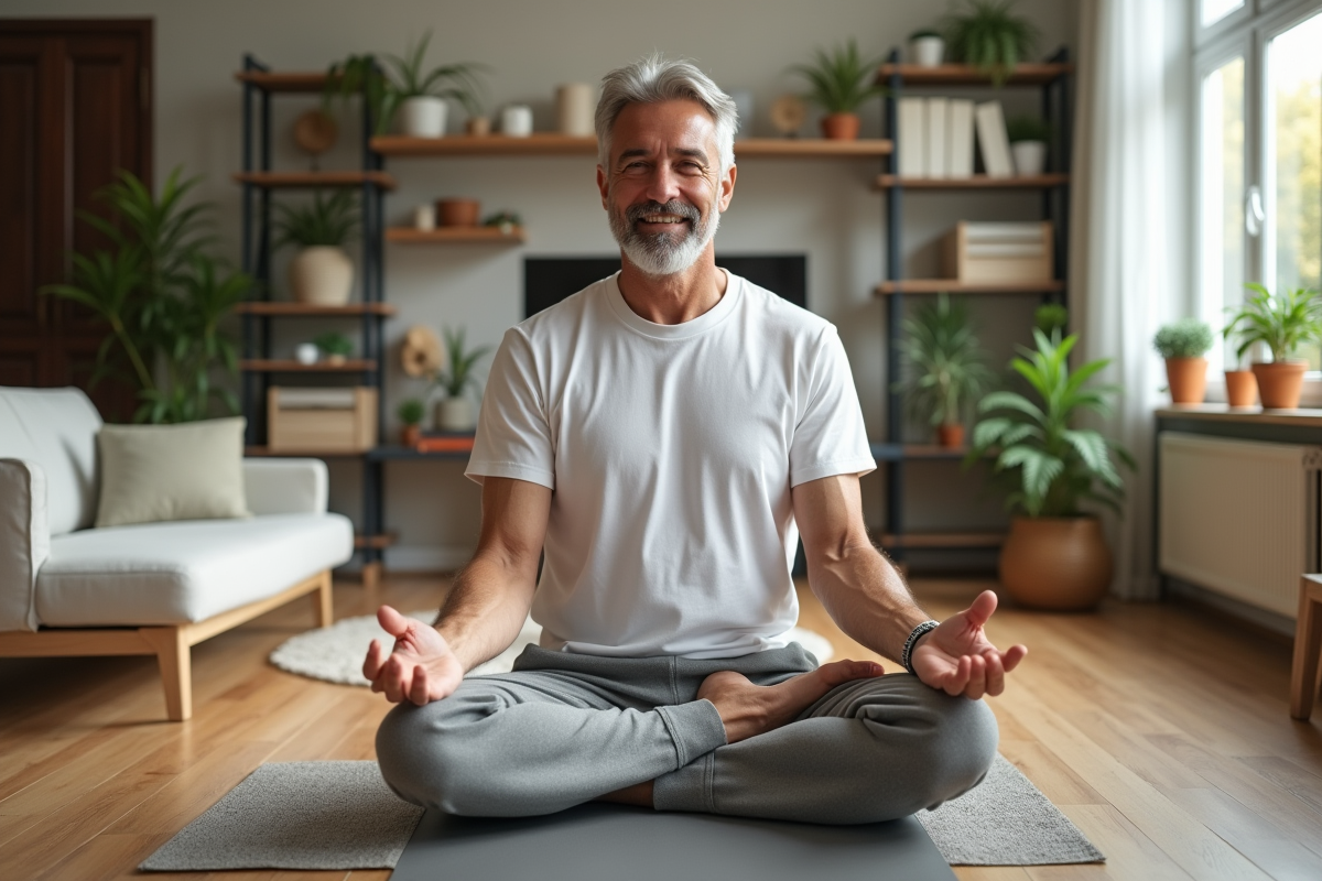 Homme pratiquant le yoga dans un salon lumineux et accueillant